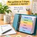 Femme souriante en train d'organiser des documents importants sur son bureau.