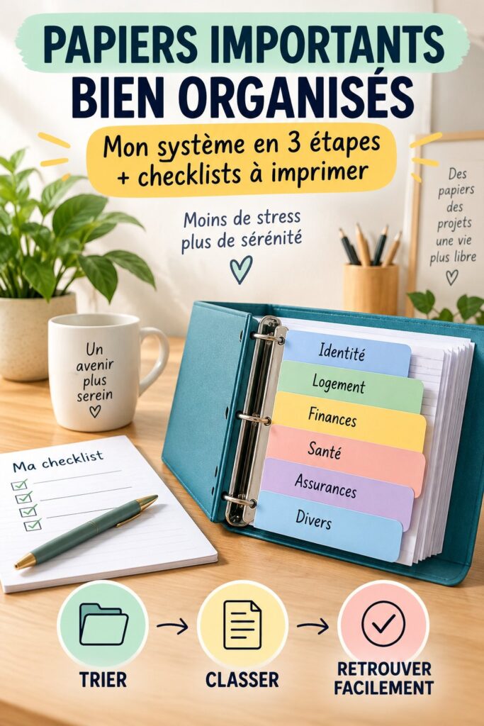 Femme souriante en train d'organiser des documents importants sur son bureau.