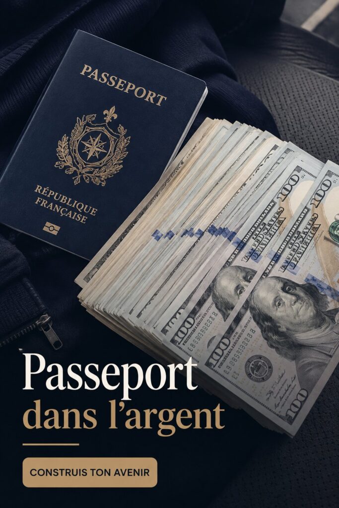 Passeport français sur une table avec des accessoires de voyage autour