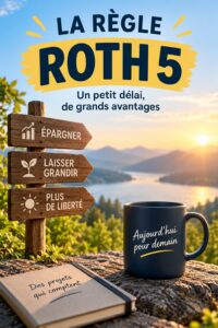 Illustration d'une femme consultante en finance expliquant la règle des 5 ans du Roth IRA, avec des graphiques en arrière-plan.
