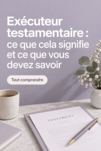 Femme réfléchissant au rôle d'un exécuteur testamentaire, avec des documents légaux en arrière-plan.