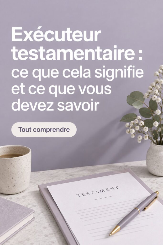 Femme réfléchissant au rôle d'un exécuteur testamentaire, avec des documents légaux en arrière-plan.