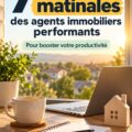 Illustration de routines matinales pour agents immobiliers, incluant une personne heureuse planifiant sa journée