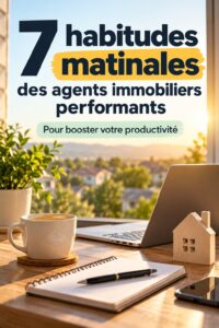 Illustration de routines matinales pour agents immobiliers, incluant une personne heureuse planifiant sa journée