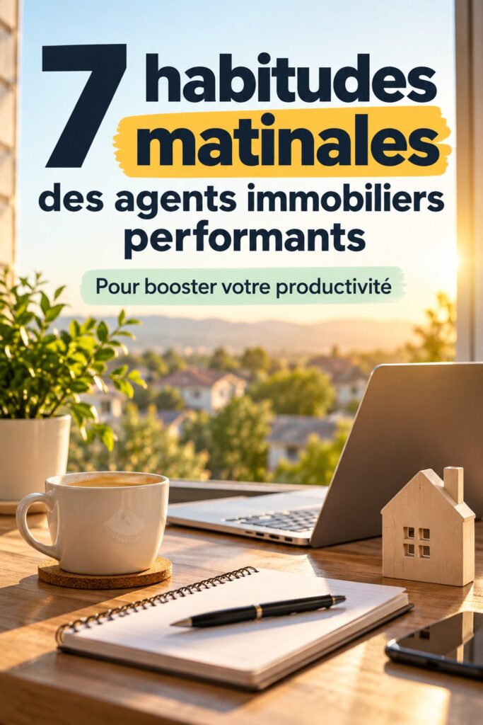 Illustration de routines matinales pour agents immobiliers, incluant une personne heureuse planifiant sa journée