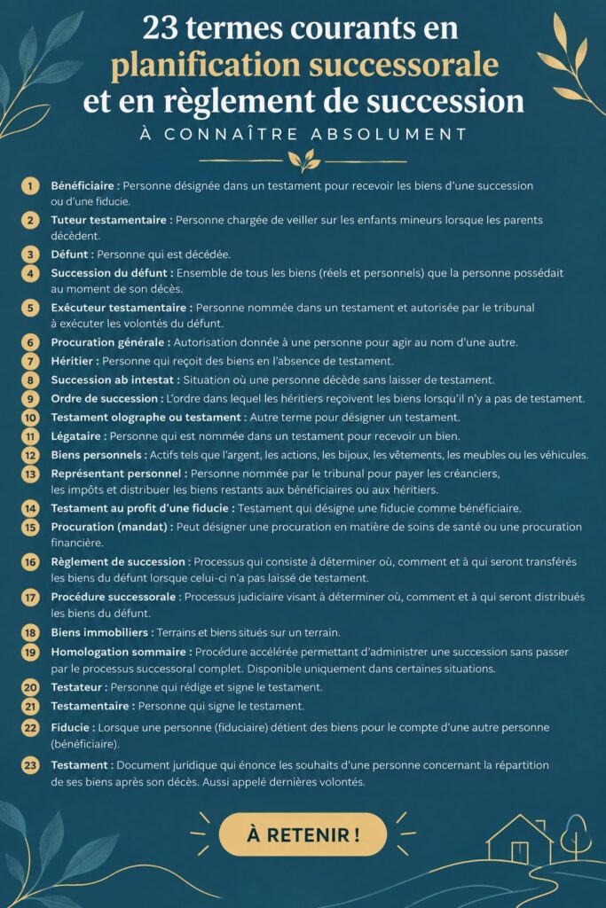 Illustration de la planification successorale avec des documents juridiques et des dessins familiaux.