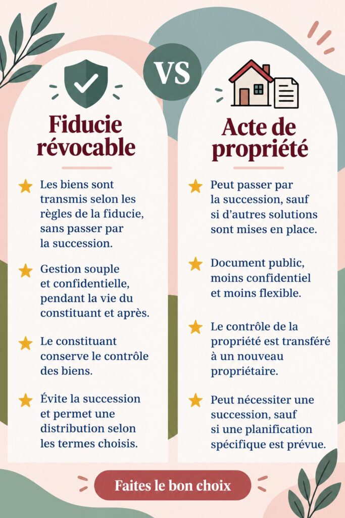 Schéma illustrant un trust révocable et ses avantages en matière de gestion de patrimoine.