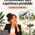 Femme souriante réfléchissant à une carrière en immobilier, entourée de documents et d'un ordinateur.