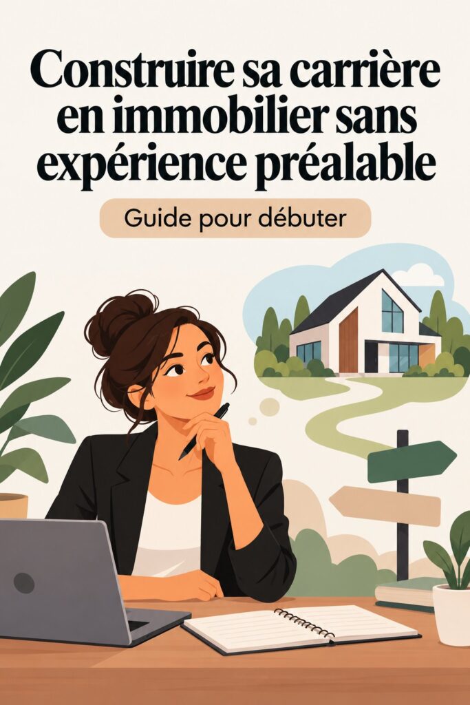Femme souriante réfléchissant à une carrière en immobilier, entourée de documents et d'un ordinateur.